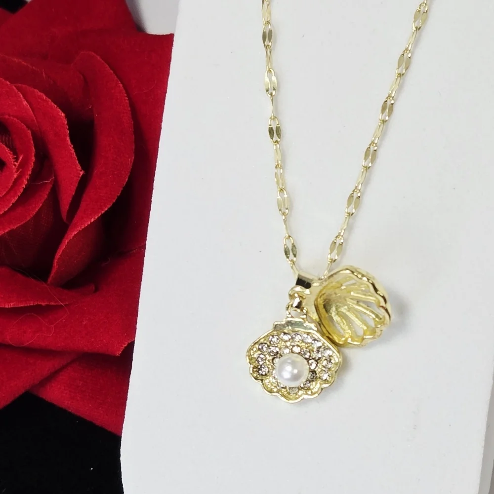 Gold Pearl Shell Pendant Necklace Stainless Steel CZ Crystal Coastal Jewelry